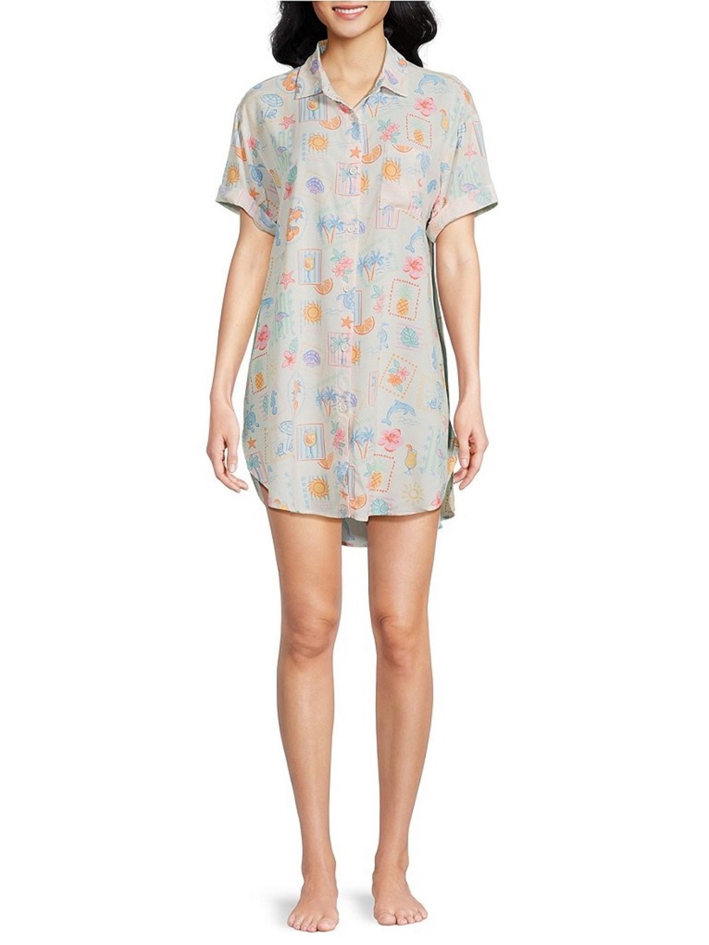 Jasmin and Ginger Button Front Collar Flamingo Stamp Print Sleepshirt